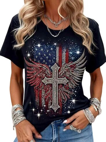 Beopjesk Women's Short Sleeve 4th of July Patriotic T-Shirt Summer Independence Day America Flag Raglans Graphic Tees Tops in Saudi Arabia