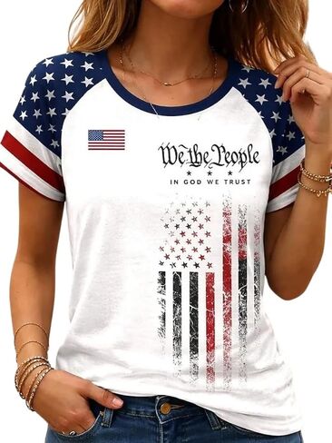 Beopjesk Women's Short Sleeve 4th of July Patriotic T-Shirt Summer Independence Day America Flag Raglans Graphic Tees Tops in Saudi Arabia