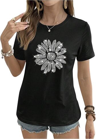 SHENHE Women's Sparkly Floral Rhinestone Tops Glitter Bling Short Sleeve Crew Neck Casual T Shirts in Saudi Arabia