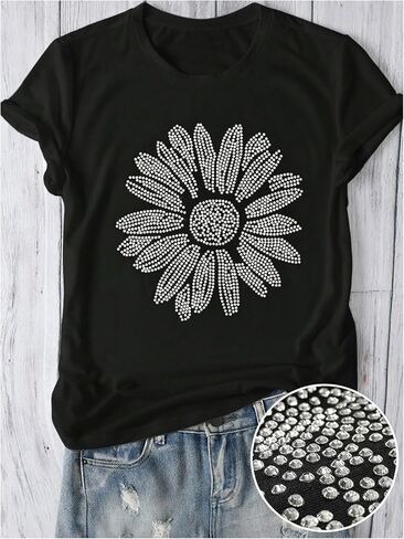 SHENHE Women's Sparkly Floral Rhinestone Tops Glitter Bling Short Sleeve Crew Neck Casual T Shirts in Saudi Arabia