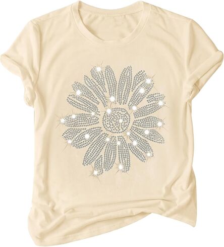 SHENHE Women's Sparkly Floral Rhinestone Tops Glitter Bling Short Sleeve Crew Neck Casual T Shirts in Saudi Arabia