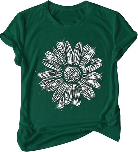 SHENHE Women's Sparkly Floral Rhinestone Tops Glitter Bling Short Sleeve Crew Neck Casual T Shirts in Saudi Arabia