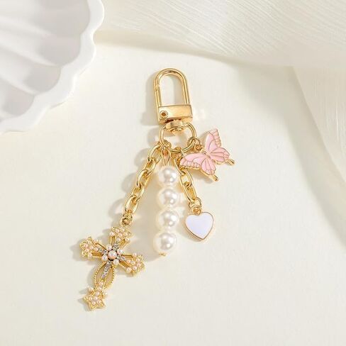 Cross Keychain with Heart & Butterfly Bag Charm Sparkling Purse Charm for Handbag, Backpack & Car Keys in Saudi Arabia
