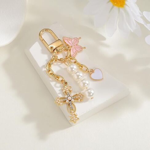 Cross Keychain with Heart & Butterfly Bag Charm Sparkling Purse Charm for Handbag, Backpack & Car Keys in Saudi Arabia