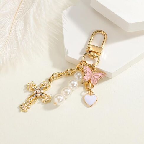 Cross Keychain with Heart & Butterfly Bag Charm Sparkling Purse Charm for Handbag, Backpack & Car Keys in Saudi Arabia