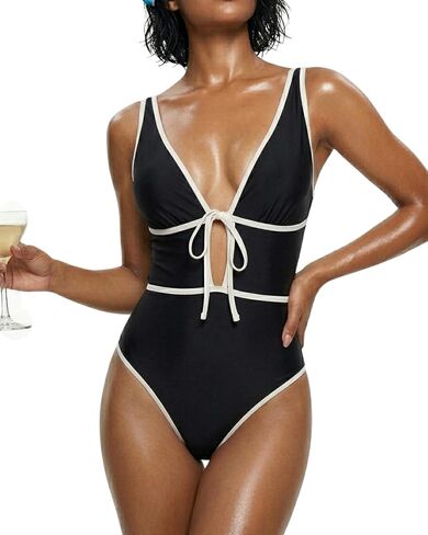 Women’s Color Block One Piece Swimsuit Deep V Cutout Tie Front Monokini High Cut Low Back Swim Suits in Kuwait