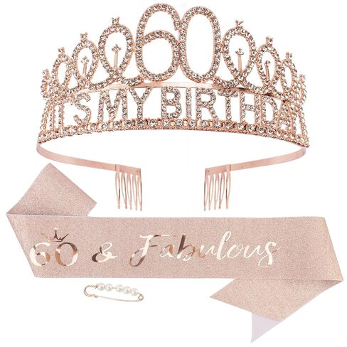 KICOSY 60th Birthday Decorations for Women, 60th Birthday Sash and Crown, 60 Year Old Rose Gold Fabulous Satin Sash with Pearl Pin and Rhinestone Tiara Set, Dazzling Outfits at Party&Dinner in Kuwait