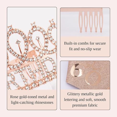 KICOSY 60th Birthday Decorations for Women, 60th Birthday Sash and Crown, 60 Year Old Rose Gold Fabulous Satin Sash with Pearl Pin and Rhinestone Tiara Set, Dazzling Outfits at Party&Dinner in Kuwait