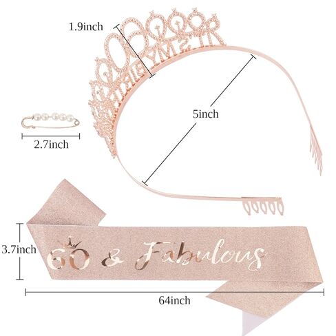 KICOSY 60th Birthday Decorations for Women, 60th Birthday Sash and Crown, 60 Year Old Rose Gold Fabulous Satin Sash with Pearl Pin and Rhinestone Tiara Set, Dazzling Outfits at Party&Dinner in Kuwait