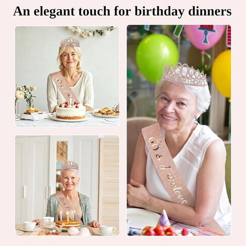 KICOSY 60th Birthday Decorations for Women, 60th Birthday Sash and Crown, 60 Year Old Rose Gold Fabulous Satin Sash with Pearl Pin and Rhinestone Tiara Set, Dazzling Outfits at Party&Dinner in Kuwait