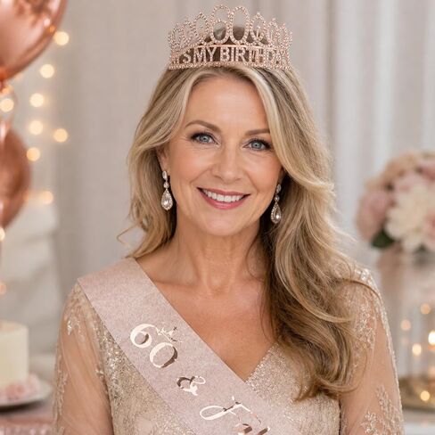 KICOSY 60th Birthday Decorations for Women, 60th Birthday Sash and Crown, 60 Year Old Rose Gold Fabulous Satin Sash with Pearl Pin and Rhinestone Tiara Set, Dazzling Outfits at Party&Dinner in Kuwait