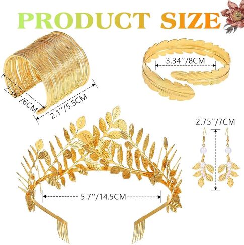 JEAIRTS Gold Leaf Greek Goddess Costume Jewelry Set | Leaf Crown Tiara Pearl Earrings Arm Cuff & Bracelet for Wedding, Halloween Cosplay in Saudi Arabia