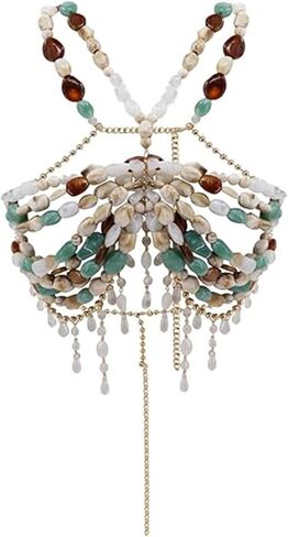 Boho Shell Beaded Body Chain Bra Luxury Crystal Tassel Beach Festival Jewelry Crystal with Gold Accents Mermaid Costume Bra Rave/Festival/Burlesque Bra Top(Blue Green stone) in Saudi Arabia