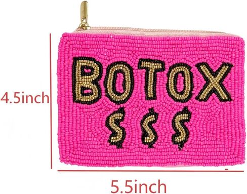 Ladies Botox Beaded Coin Purse - Pink Zipper Pouch with $ Design, Handmade Beaded Accessory for Beauty Lovers in Kuwait