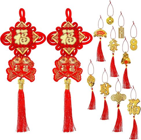 Eorbow 12 Pcs Chinese Knots, New Year Decoration Fu Character 3D Twin Fish Charm Tassel, Chinese Knotting Pendant Cord for Spring Festival Lunar Year Snake, Lucky Felt Hanging Ornament for Home Office in Kuwait