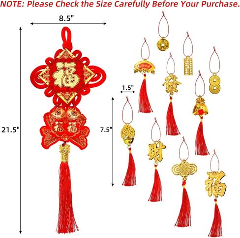 Eorbow 12 Pcs Chinese Knots, New Year Decoration Fu Character 3D Twin Fish Charm Tassel, Chinese Knotting Pendant Cord for Spring Festival Lunar Year Snake, Lucky Felt Hanging Ornament for Home Office in Kuwait