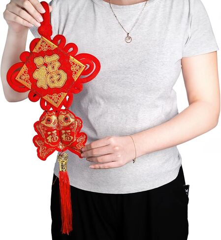 Eorbow 12 Pcs Chinese Knots, New Year Decoration Fu Character 3D Twin Fish Charm Tassel, Chinese Knotting Pendant Cord for Spring Festival Lunar Year Snake, Lucky Felt Hanging Ornament for Home Office in Kuwait