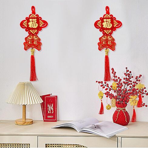 Eorbow 12 Pcs Chinese Knots, New Year Decoration Fu Character 3D Twin Fish Charm Tassel, Chinese Knotting Pendant Cord for Spring Festival Lunar Year Snake, Lucky Felt Hanging Ornament for Home Office in Kuwait