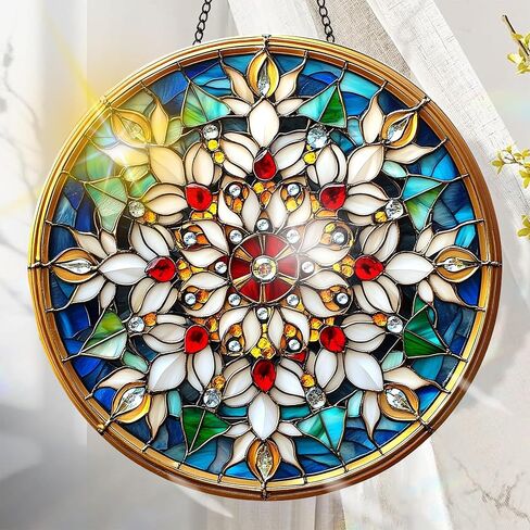 Colorful Acrylic Suncatcher, Flower Hanging Window Decor with Printed Stained Glass Style Design Sun Catcher, Rainbow Maker Wall Art, Gift Idea & Garden Ornament Indoor Outdoor Use 7.8 x 7.8 inch M3 in Kuwait