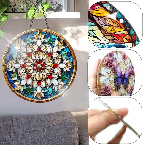 Colorful Acrylic Suncatcher, Flower Hanging Window Decor with Printed Stained Glass Style Design Sun Catcher, Rainbow Maker Wall Art, Gift Idea & Garden Ornament Indoor Outdoor Use 7.8 x 7.8 inch M3 in Kuwait