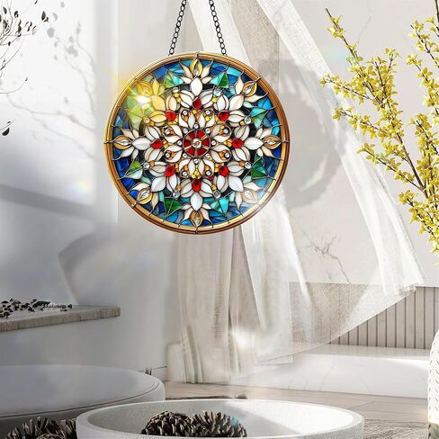 Colorful Acrylic Suncatcher, Flower Hanging Window Decor with Printed Stained Glass Style Design Sun Catcher, Rainbow Maker Wall Art, Gift Idea & Garden Ornament Indoor Outdoor Use 7.8 x 7.8 inch M3 in Kuwait