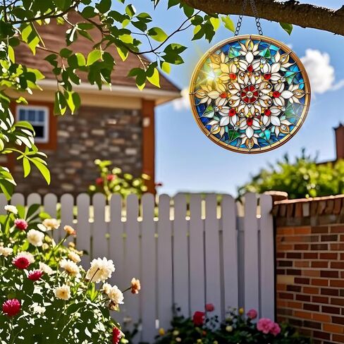 Colorful Acrylic Suncatcher, Flower Hanging Window Decor with Printed Stained Glass Style Design Sun Catcher, Rainbow Maker Wall Art, Gift Idea & Garden Ornament Indoor Outdoor Use 7.8 x 7.8 inch M3 in Kuwait