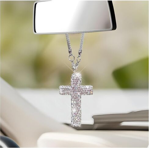 Bling Car Hanging Ornament, Crystal Rhinestone Cross Pendant Rearview Mirror Hanging Accessories, Sparkling Religious Charm Vehicle Interior Decoration for Women Men (Silver) in Saudi Arabia