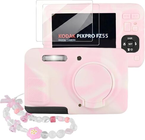 حافظة كاميرا لجهاز Kodak PIXPRO FZ55 مع واقي شاشة مكون من قطعتين | حزام معصم ساحر لطيف، حافظة واقية من السيليكون الناعم مع غطاء عدسة قابل للإزالة لملحقات Kodak FZ55 - لون وردي in Kuwait