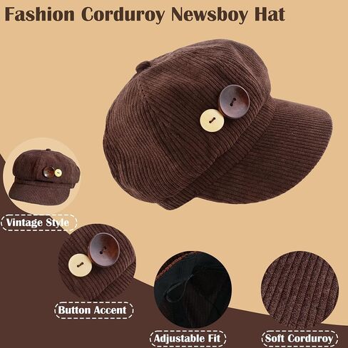 Women's Newsboy Hat Fashion Paperboy Painter Baker Boy Beret Cap Brown Corduroy Hat with Button Decor Vintage Hats Adjustable in Saudi Arabia