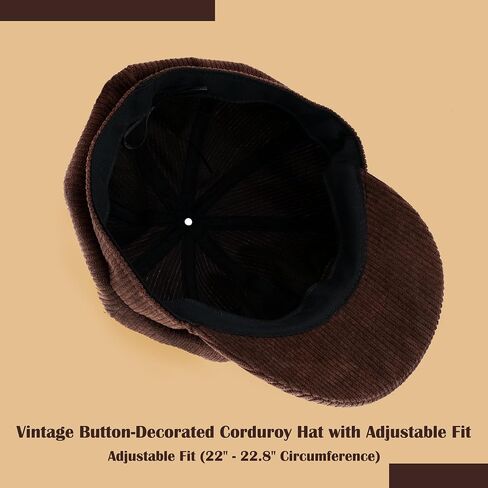 Women's Newsboy Hat Fashion Paperboy Painter Baker Boy Beret Cap Brown Corduroy Hat with Button Decor Vintage Hats Adjustable in Saudi Arabia