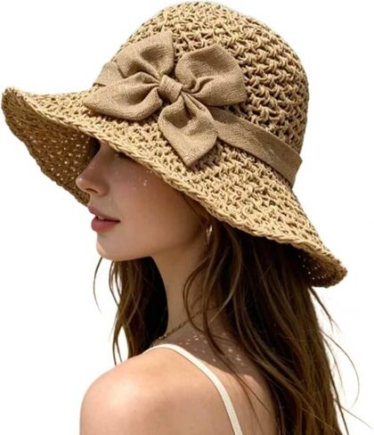 Women's Crochet Sun Hat, Straw Hats for Women Foldable Wide Brim Beach Hats Straw Bucket Cap with Bowknot in Kuwait