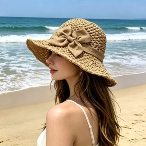 Women's Crochet Sun Hat, Straw Hats for Women Foldable Wide Brim Beach Hats Straw Bucket Cap with Bowknot in Kuwait