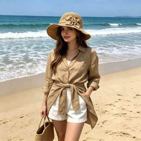 Women's Crochet Sun Hat, Straw Hats for Women Foldable Wide Brim Beach Hats Straw Bucket Cap with Bowknot in Kuwait