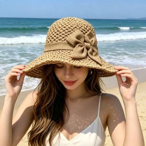 Women's Crochet Sun Hat, Straw Hats for Women Foldable Wide Brim Beach Hats Straw Bucket Cap with Bowknot in Kuwait