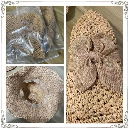 Women's Crochet Sun Hat, Straw Hats for Women Foldable Wide Brim Beach Hats Straw Bucket Cap with Bowknot in Kuwait