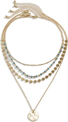 Boho Layered Gold Turquoise Necklace for Women Multi Strand Western Beach Jewelry Stackable Chain with Toggle Clasp Disc Pendant Trendy Fashion Jewelry in Saudi Arabia