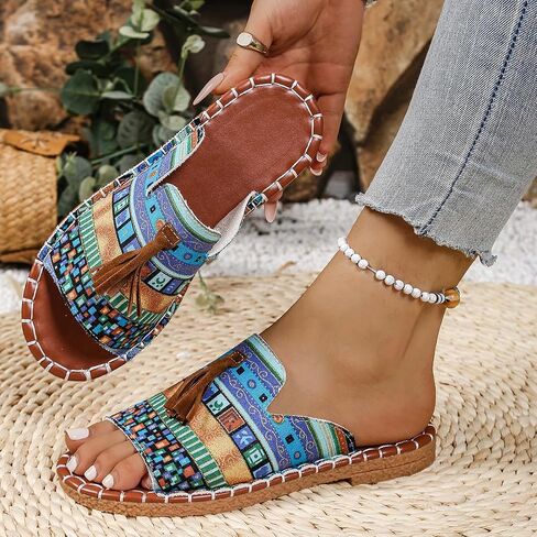 Ethnic Flat Sandals Slides for Women's Fringed Bho Beach Sandal Shoes in Kuwait