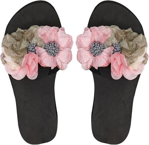 RoseSeek Women's 3D Floral Thick Sole Sandals Peep Toe Slip on Shoes Dressy Flat Slippers in Kuwait