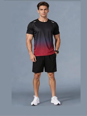 Men's Gradient Ice Silk Track Suit - Quick Dry Short Sleeve T-Shirt & Shorts 2 Piece Athletic Set in Kuwait