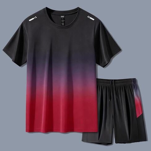 Men's Gradient Ice Silk Track Suit - Quick Dry Short Sleeve T-Shirt & Shorts 2 Piece Athletic Set in Kuwait