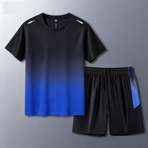 Men's Gradient Ice Silk Track Suit - Quick Dry Short Sleeve T-Shirt & Shorts 2 Piece Athletic Set in Kuwait