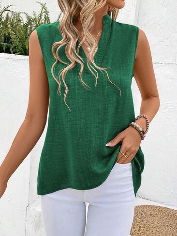 Women's Sleeveless Linen Blouse V Neck Tunic Tank Top | Button Back Detail in Kuwait