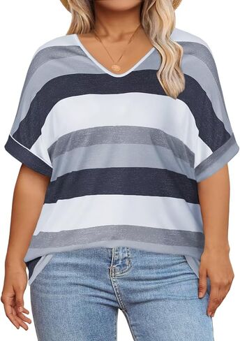 DOLNINE Plus Size Tops for Women V Neck Color Block Striped Tshirts Loose Fit Short Sleeve Shirts Casual Summer Tunic Tees in Kuwait