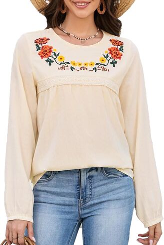 Mexican Embroidered Tops Long Sleeve Shirts Casual Boho Fiesta Peasant Tunic Boho Blouse 2026 Trendy Fashion for Women in Saudi Arabia