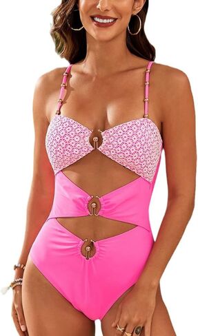 Women's One Piece Cutout Swimsuit Metal Buckle Tummy Control Monokini Color Block Bathing Suit in Saudi Arabia