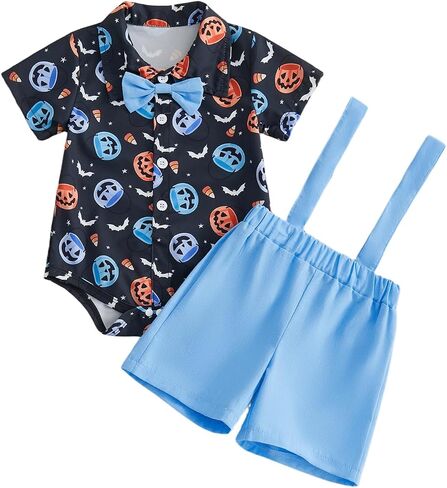 Infant Baby Boy Halloween Outfit Pumpkin Button Down Short Sleeve Bowtie Shirt Romper and Suspender Shorts Set in Kuwait