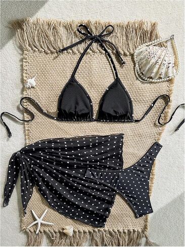 Milumia Women's 3 Piece Swimsuits Polka Dots Halter Triangle Bikini Set with Cover Up Skirt in Kuwait
