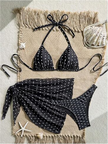 Milumia Women's 3 Piece Swimsuits Polka Dots Halter Triangle Bikini Set with Cover Up Skirt in Kuwait