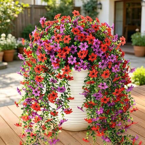 6 PCS Artificial Hanging Flowers for Outdoor Decoration, UV Resistant Realistic Fake Plants with Eucalyptus, Faux Spring Flowers for Porch Patio Garden Balcony Yard, No Fade (Double Purple) in Kuwait