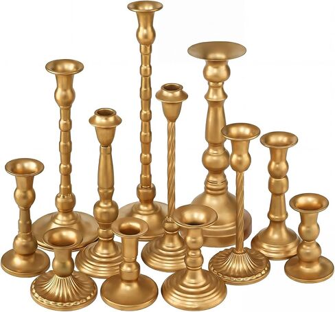 12 Pcs Gold Vintage Taper Candlestick Holders Set for Table Centerpiece Assorted Metal Candle Holder in Different Type Antique Candle Sticks for Wedding Dining Room Fireplace Mantel Home Decor in Saudi Arabia